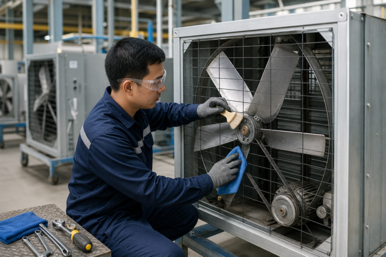 Kỹ thuật viên vệ sinh và bảo dưỡng quạt công nghiệp trong nhà xưởng