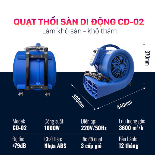 Quạt thổi sàn di động CD-02 1000W thông số Quạt Thổi Sàn CD-02 1000W
